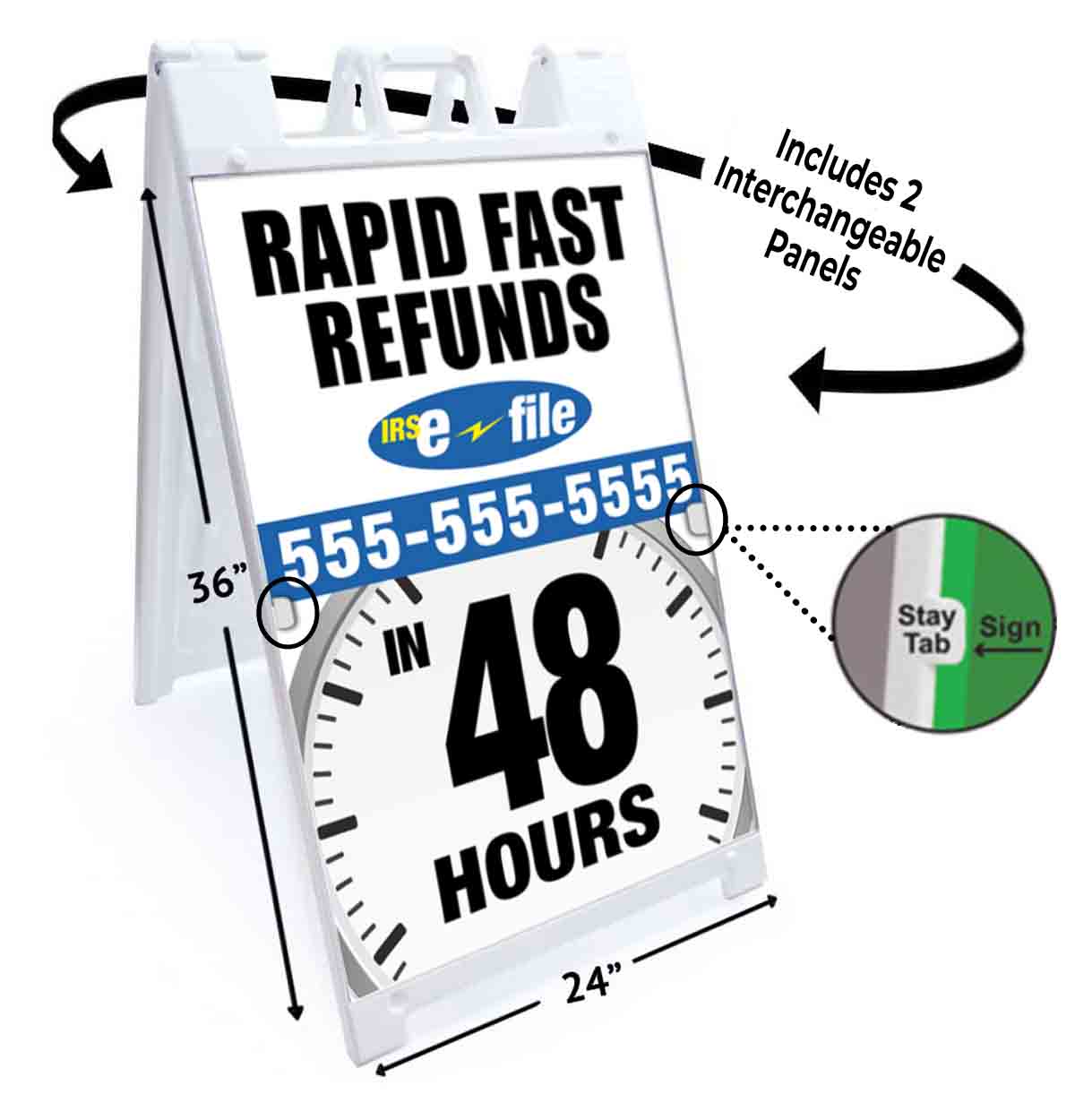 CUSTOMIZABLE REFUNDS 48 HOURS Signicade 24x36 Aframe Sidewalk Sign Banner Decal - Picture 5 of 9