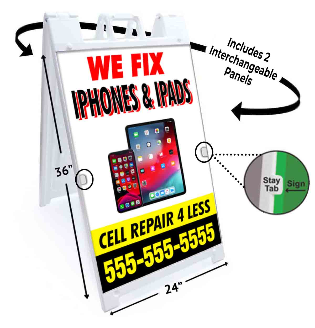 CUSTOMIZABLE WE FIX PHONES Signicade 24x36 Aframe Sidewalk Sign Banner Decal - Picture 5 of 9